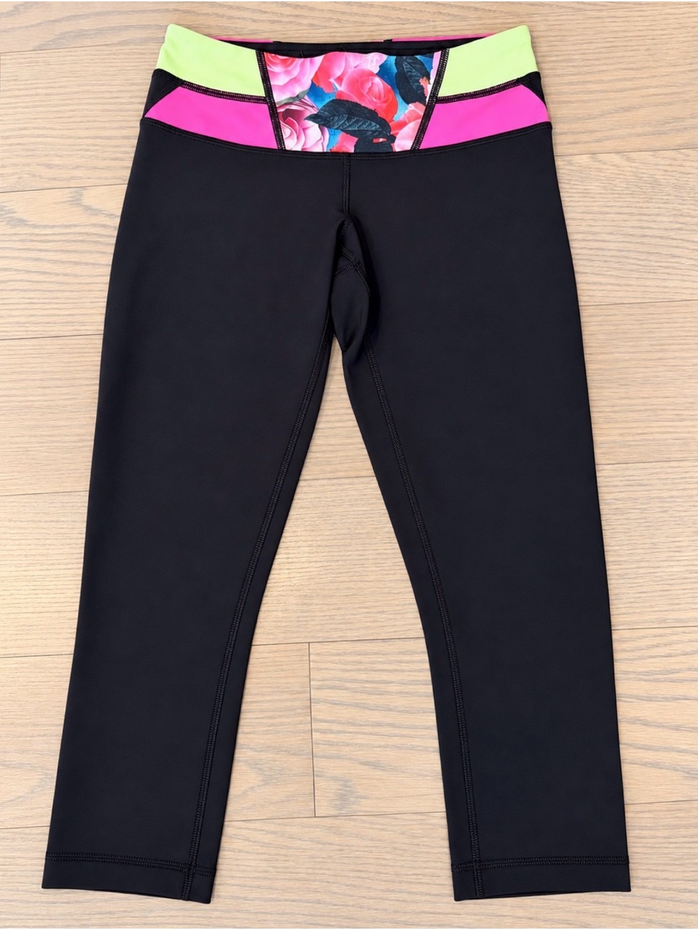 lululemon athletica Black Leggings with Pink, Neon Green & Floral Waistband